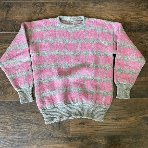 Vintage Sweaters - Vintage Pink & Gray Elephant Sweater